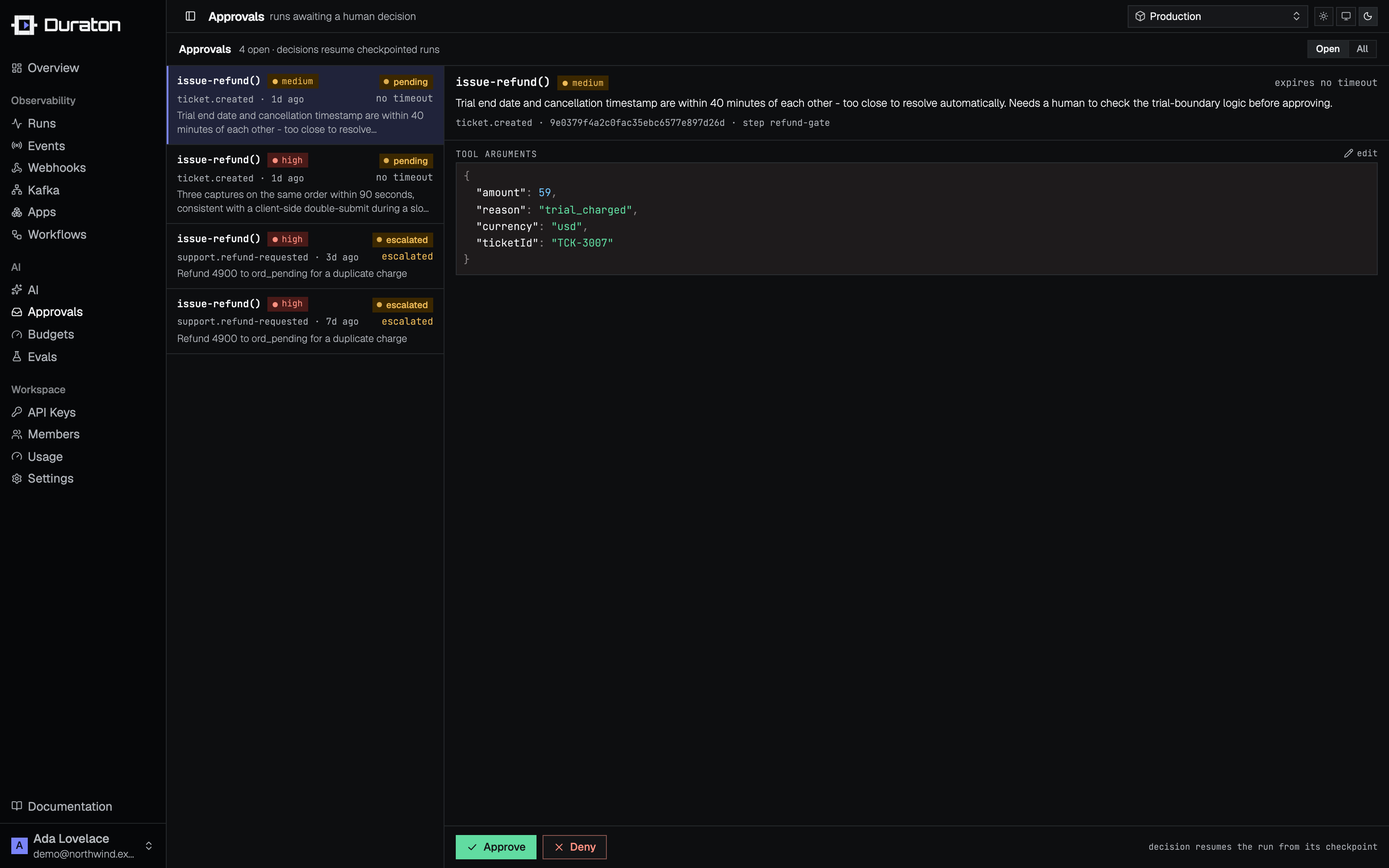 A pending approval with its tool arguments in the console