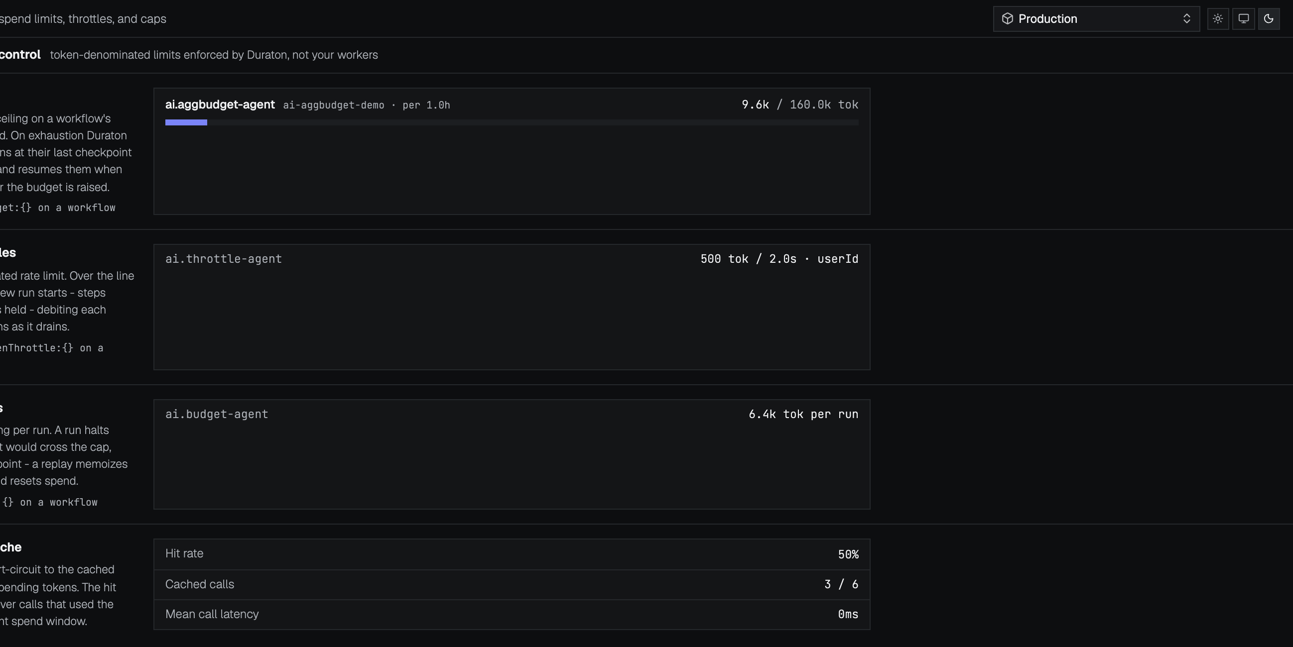 Declared AI budgets, throttles, and per-run caps in the console