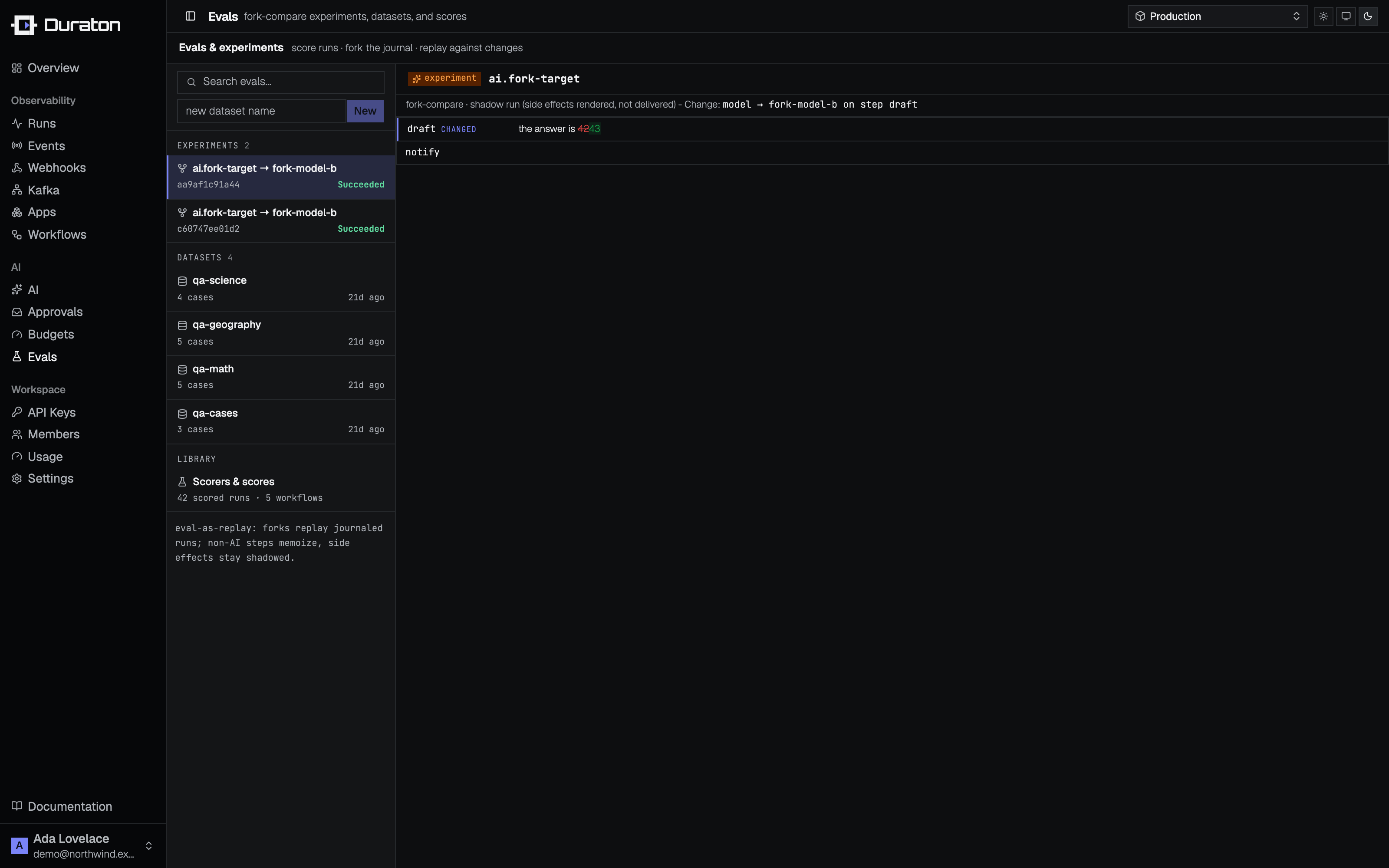 A fork-compare experiment diffing two model outputs in the console