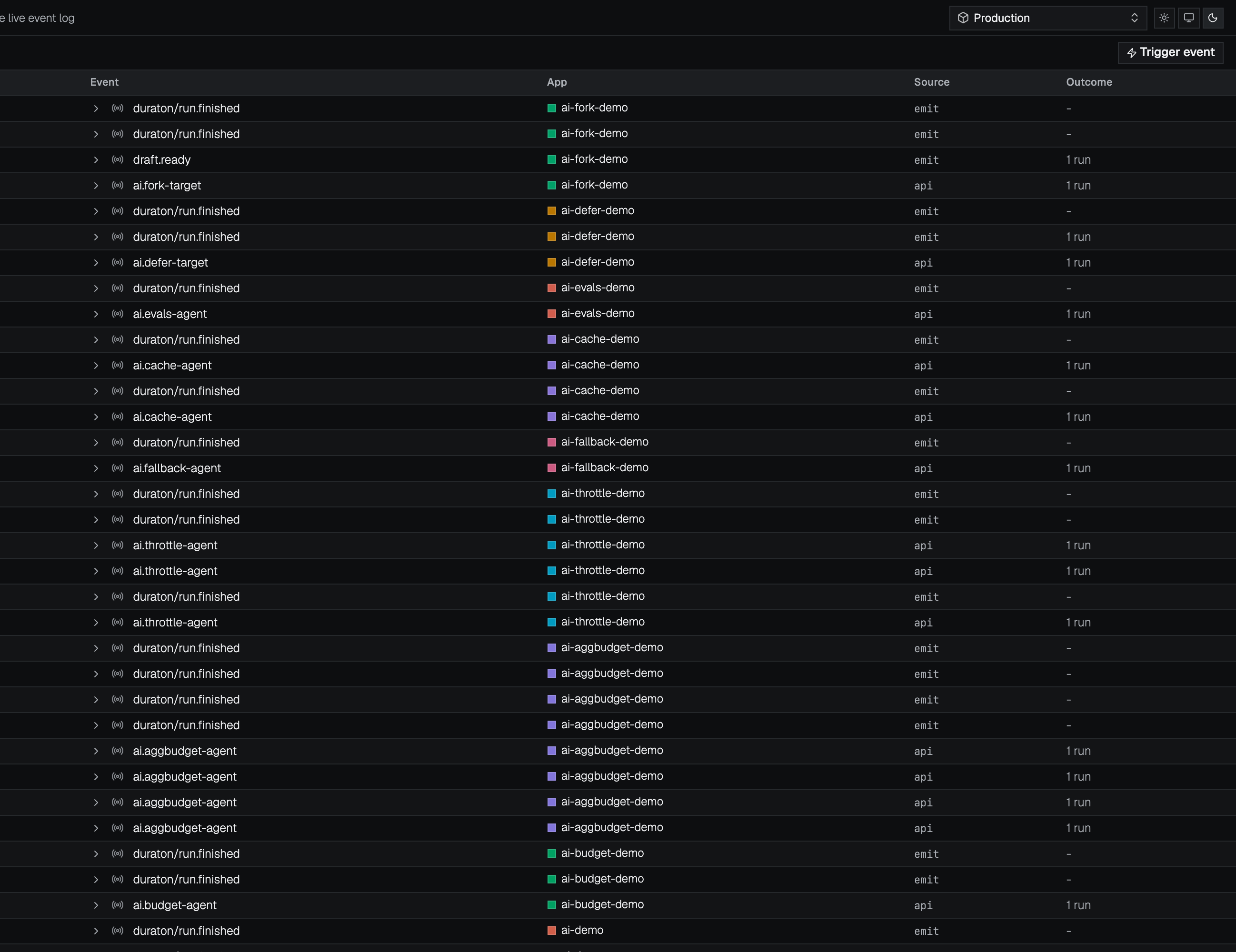 The live event log in the console